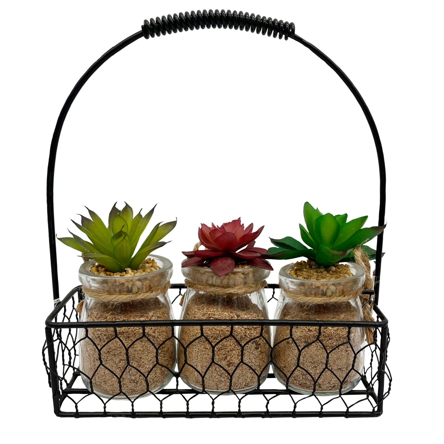 3pcs Succulents in Glass Jar W/Metal Basket Indoor Spring Summer Faux Plant