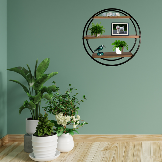 Admired By Nature, Mounted Iron circle Hanging Storage shelving, 3 tier Floating  circular wall decor, Large SIZE", Round decorative lightweight hanging shelves, unique sphere shape wall shelf, 1 unit