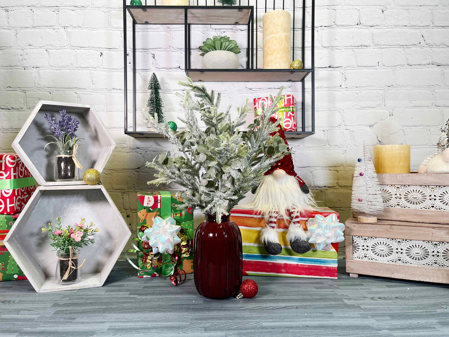 20" 5 Stems Artificial frosted Cedar Eucalp Bush Plants Pine Needles