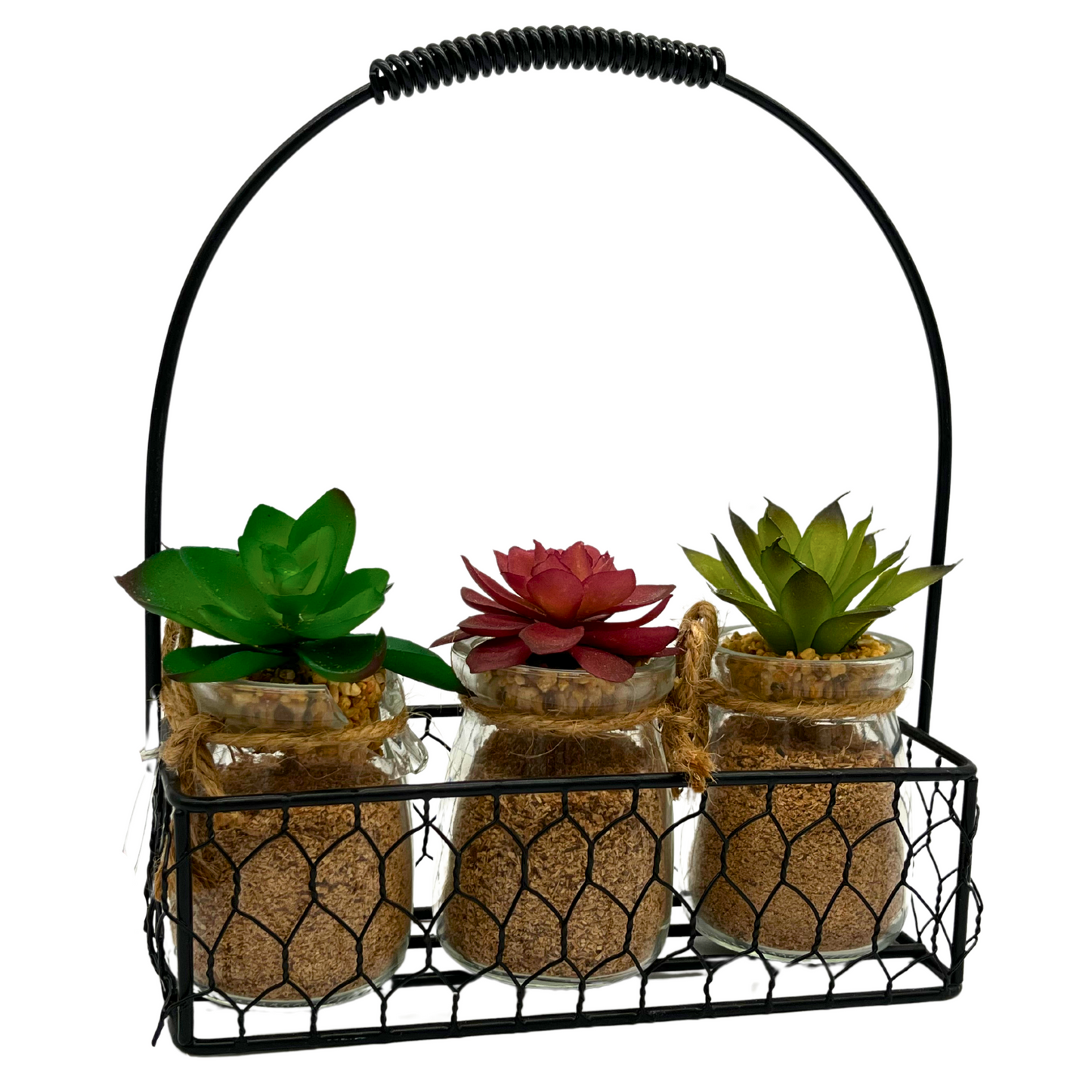 3pcs Succulents in Glass Jar W/Metal Basket Indoor Spring Summer Faux Plant