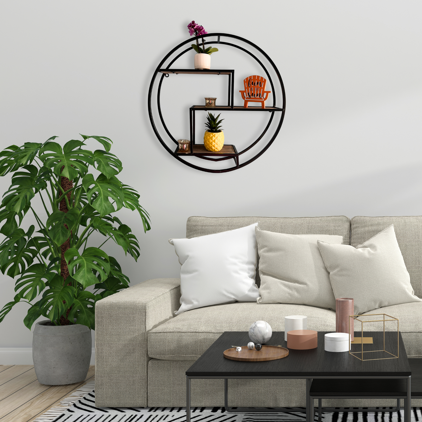 23" Mounted Iron Circle Hanging Storage Shelving Floating Shelf 3 Tier