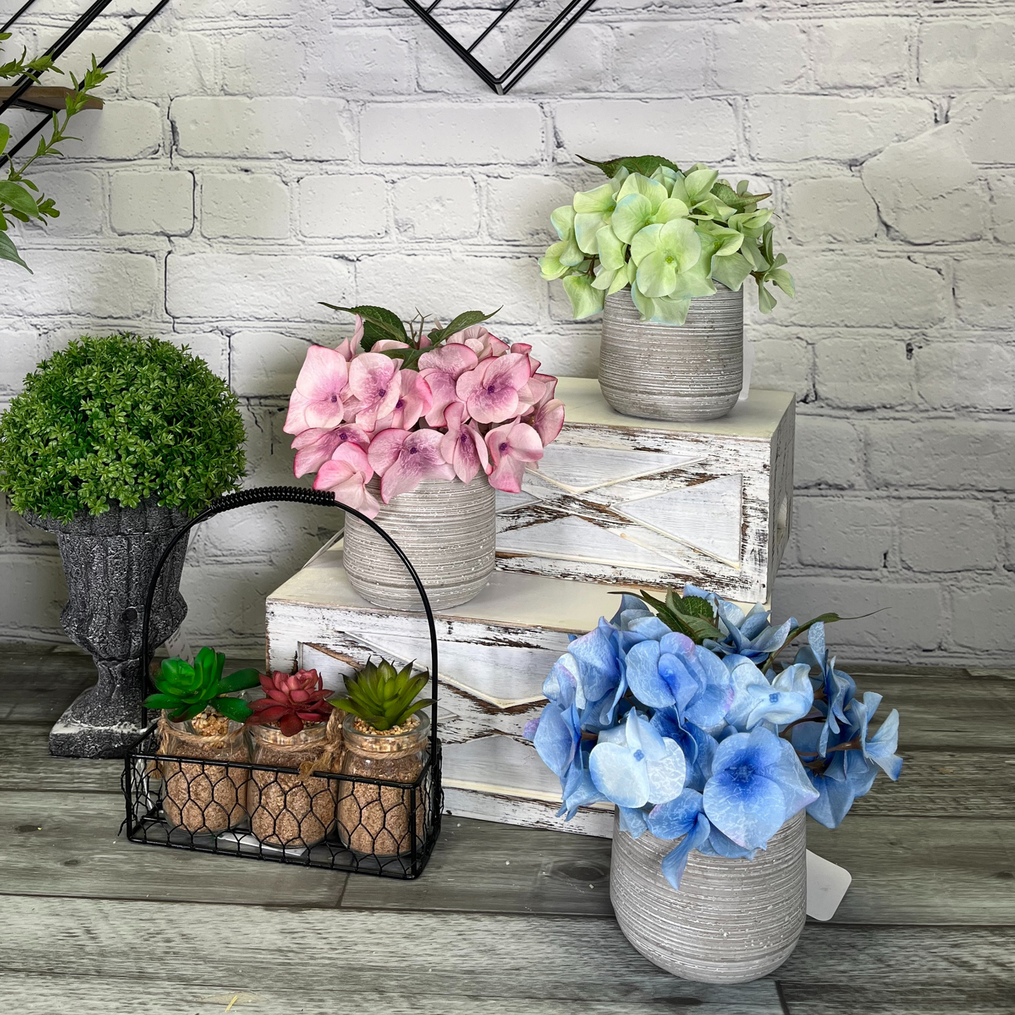 7"H Artficial Flowers Full Blooming Hydrangea Potted Plant Spring Indoor Faux Plant