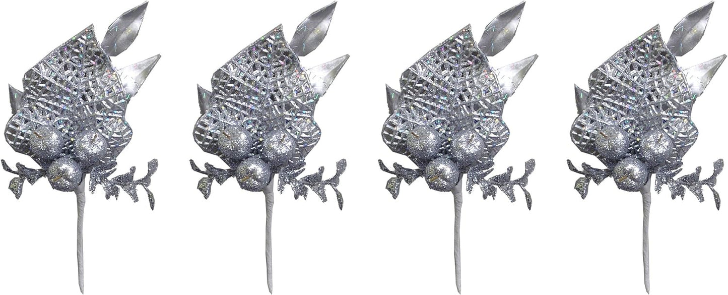 4 Pieces Glitter Apple & Tea Leaves Pick For Christmas Decorations