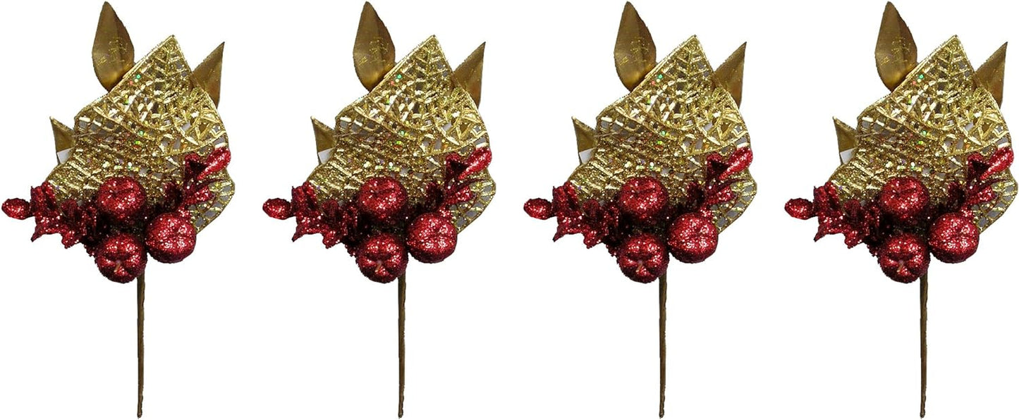 4 Pieces Glitter Apple & Tea Leaves Pick For Christmas Decorations