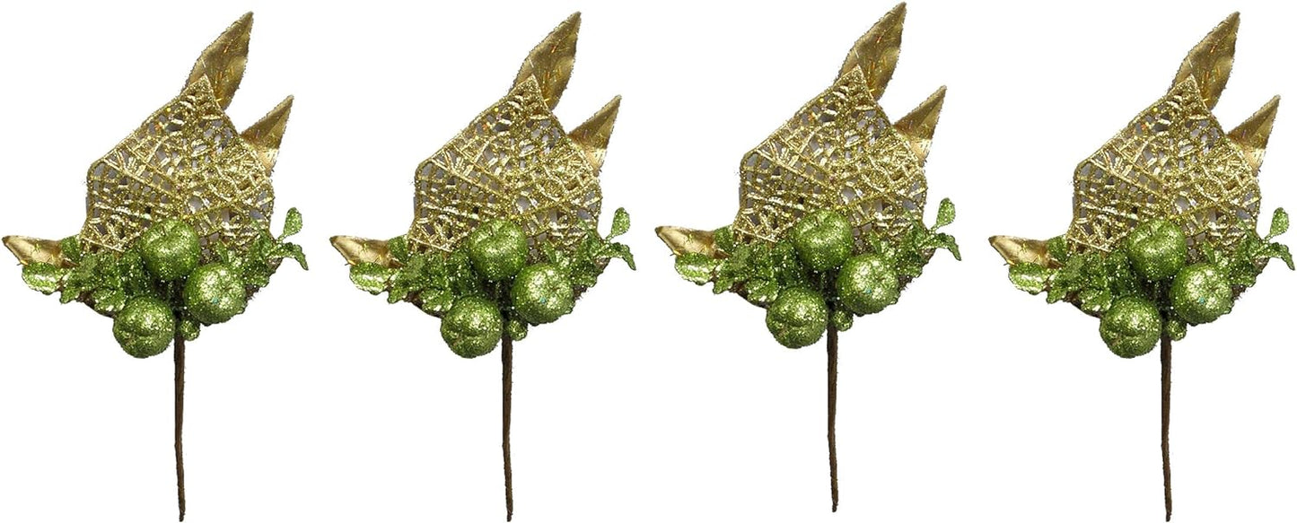 4 Pieces Glitter Apple & Tea Leaves Pick For Christmas Decorations