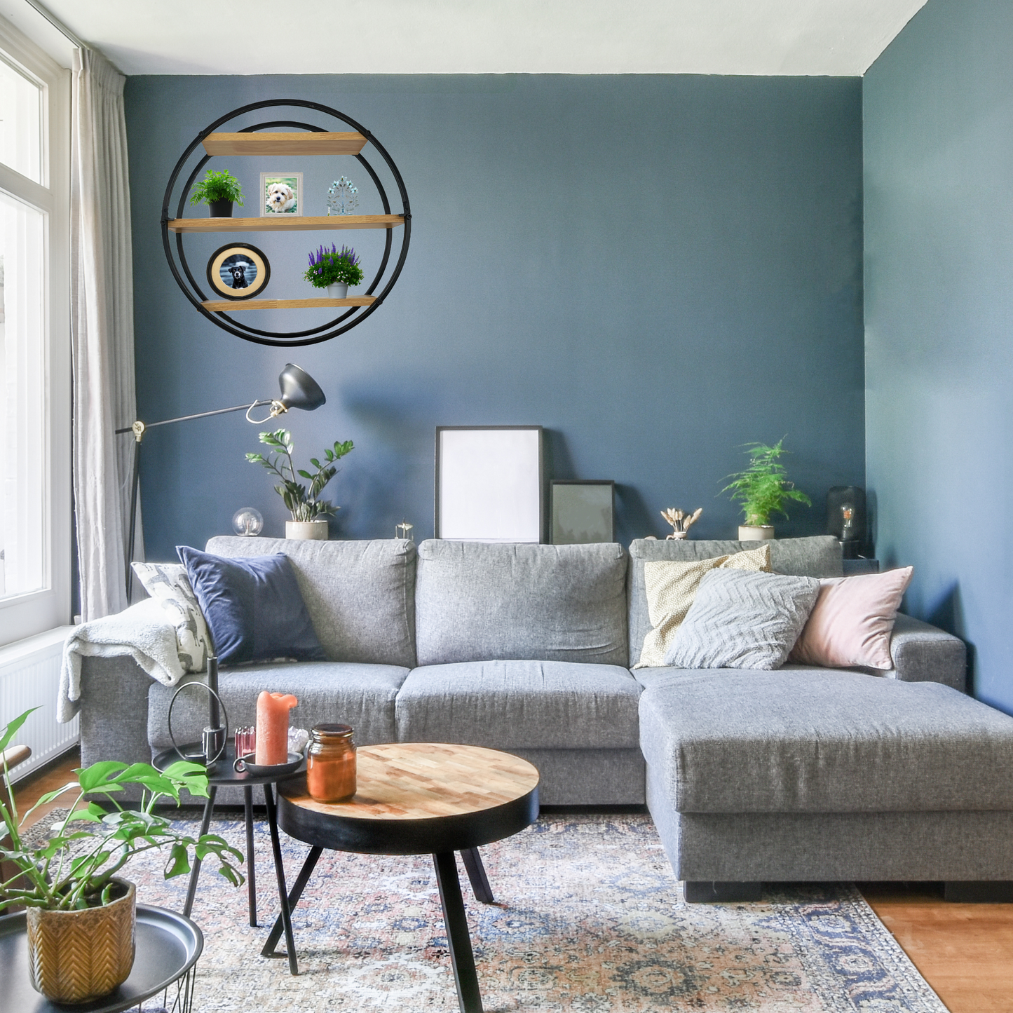 Admired By Nature, Mounted Iron circle Hanging Storage shelving, 3 tier Floating circular wall decor, Large SIZE", Round decorative lightweight hanging shelves, unique sphere shape wall shelf, 1 unit