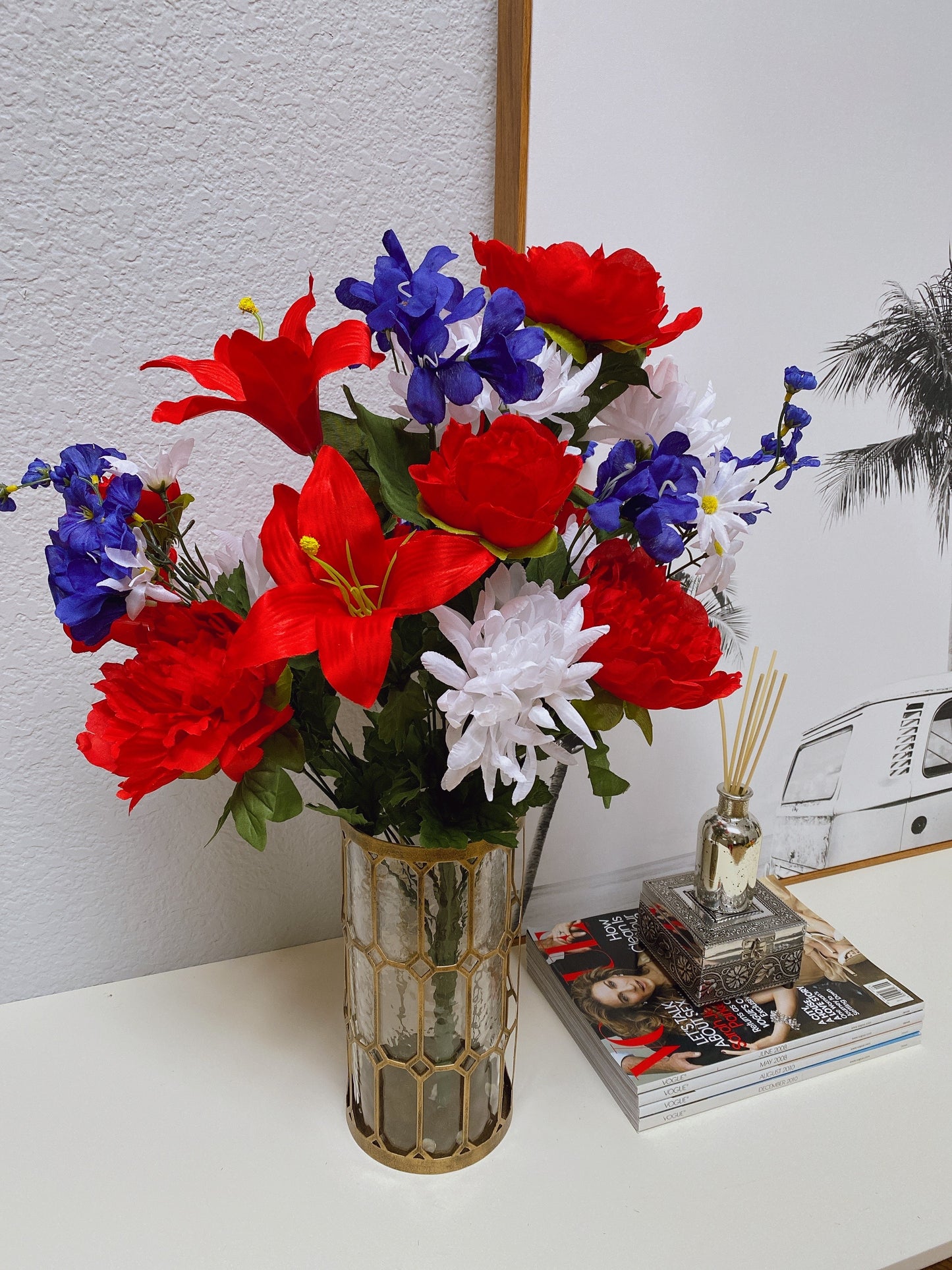 24 Stems Artificial Flower Peony Lily Mum Patriotic Bouquet
