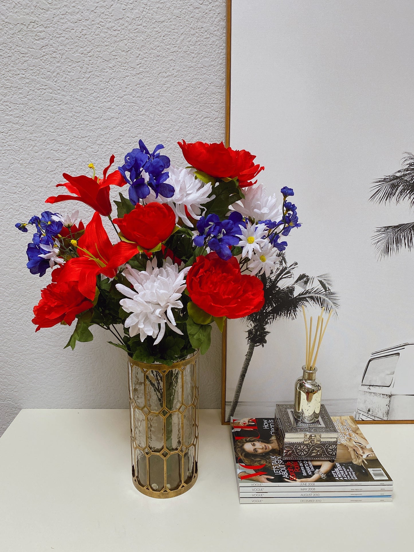 24 Stems Artificial Flower Peony Lily Mum Patriotic Bouquet