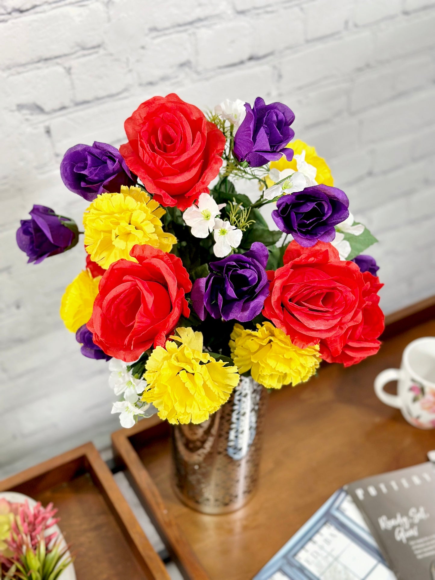 ABN1B018-Artificial Spring Flower Bush 24 Stem Rose/ Carnation Mixed Bush