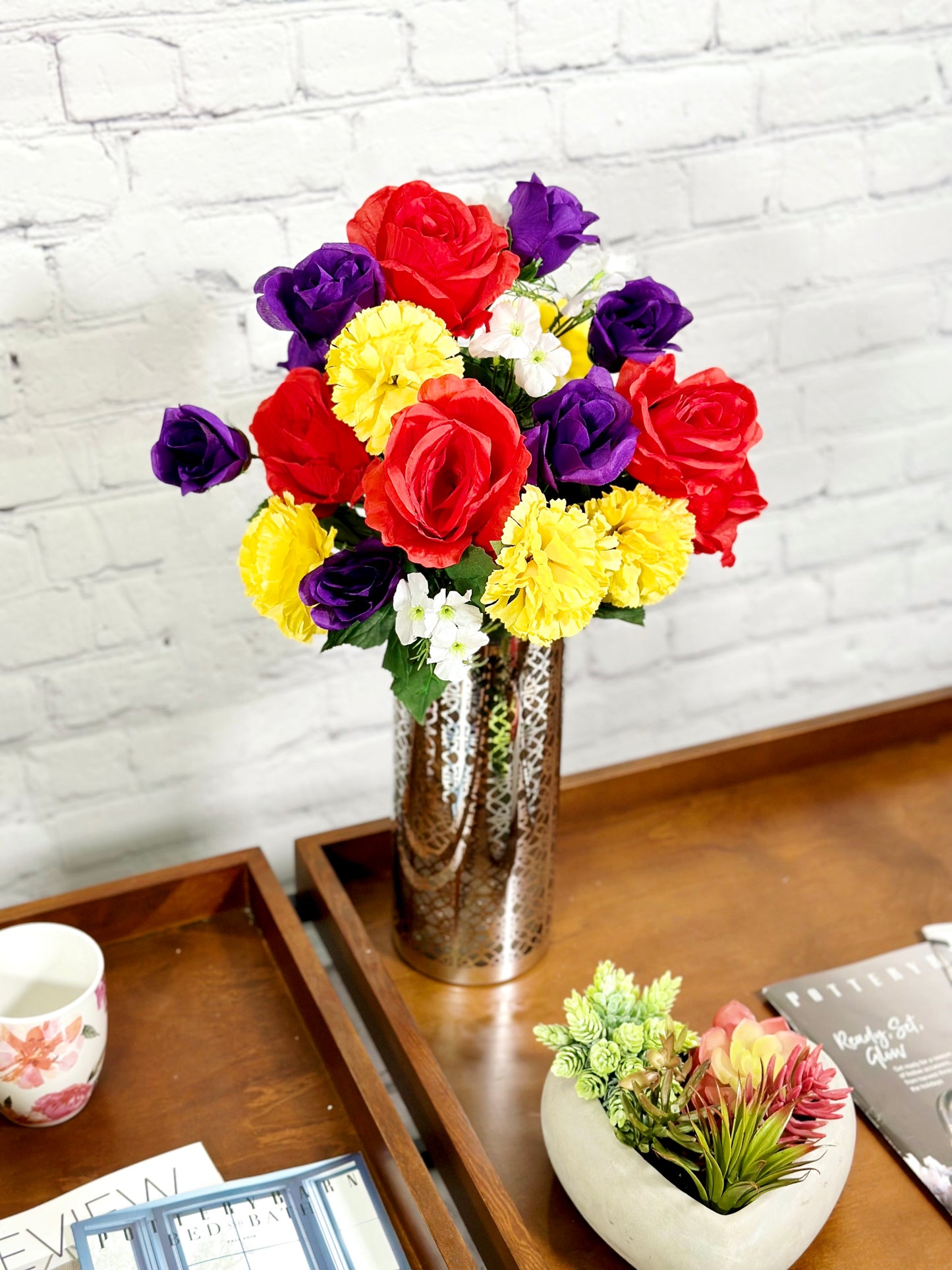 ABN1B018-Artificial Spring Flower Bush 24 Stem Rose/ Carnation Mixed Bush