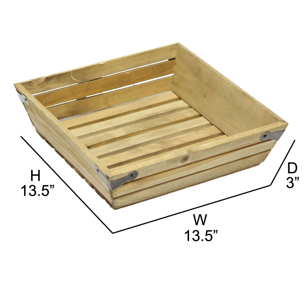 ABN5E020-NTRL Natural Wood Large Shallow Square Crate with Metal Corner Design