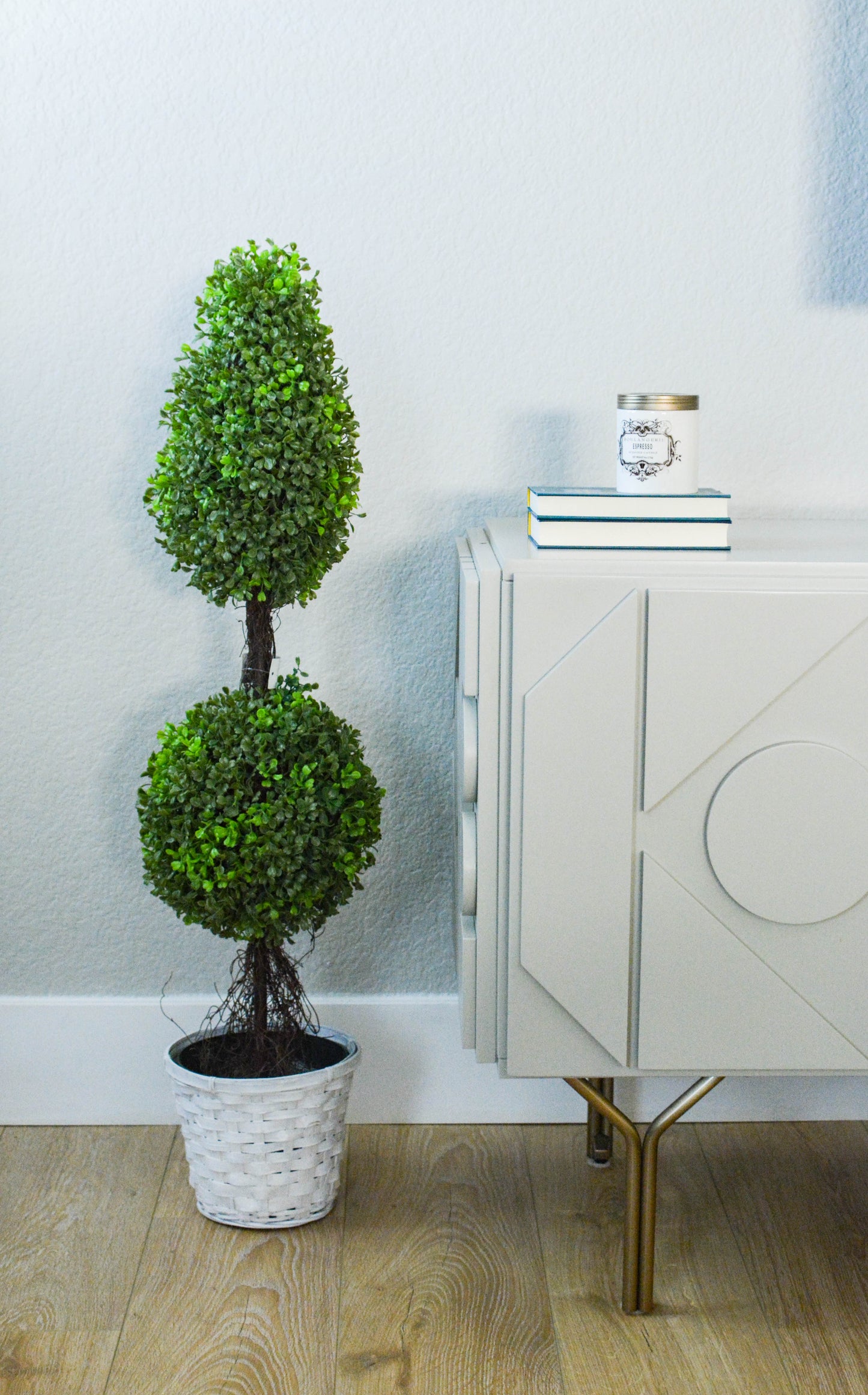 Artificial Boxwood Leave Double Ball Shaped Topiary Plant Tree in Basket, ABNT001B-NTRL