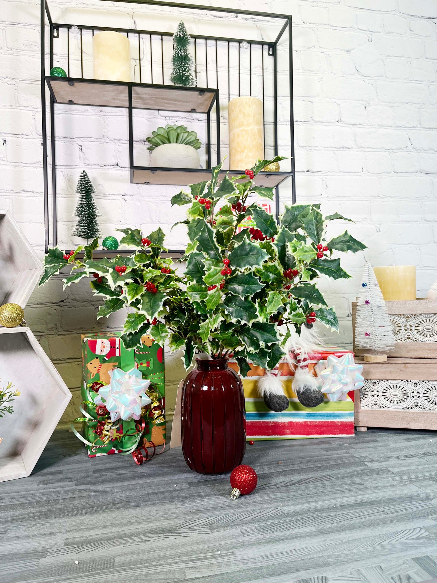 Artificial Holly Leaves Berries Christmas Bush For Christmas decorations Home Décor