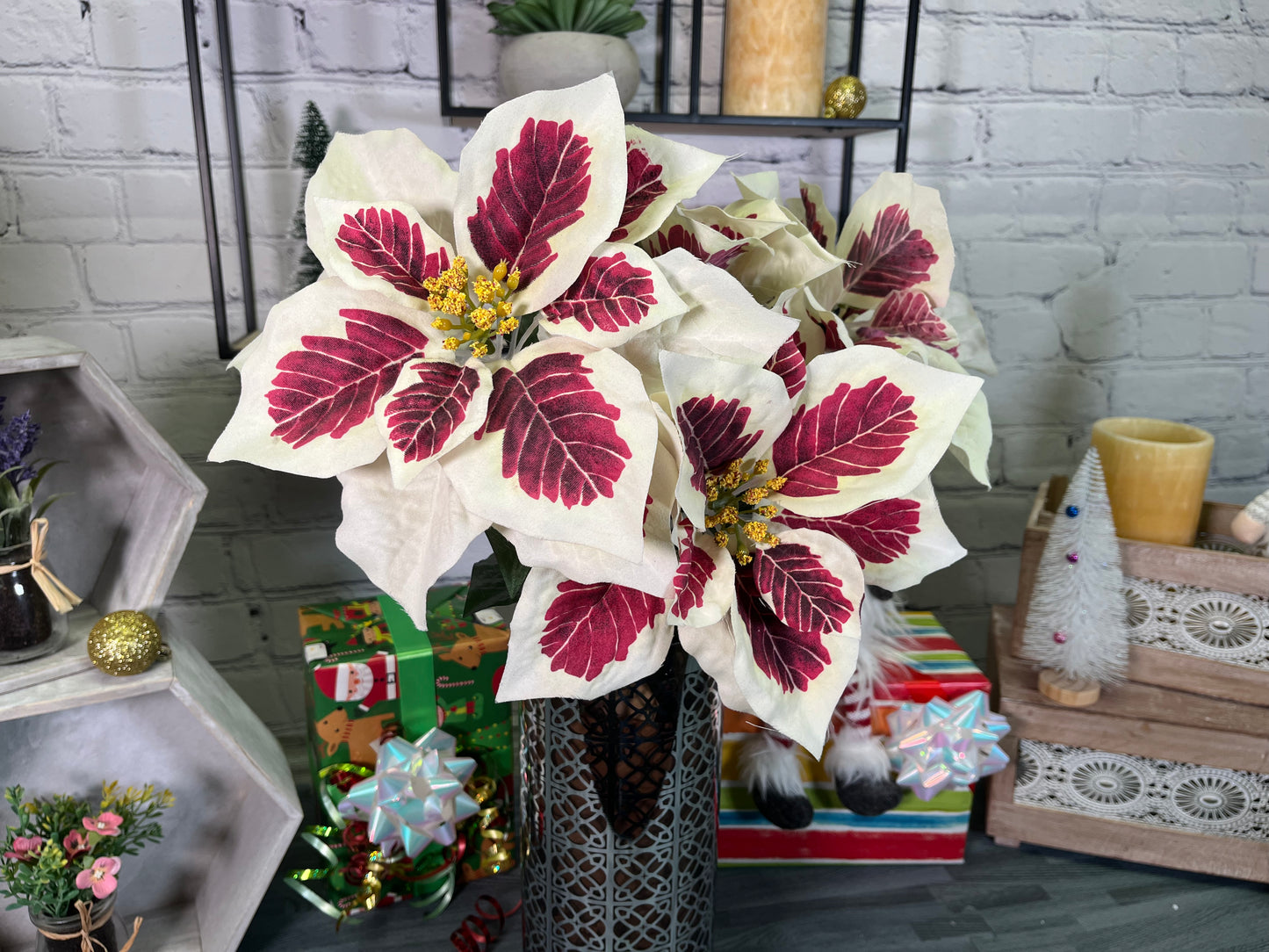 5 Stems Artificial Poinsettia Bouquet Fake Christmas FlowerFaux Velvet Poinsettia Christmas Bush