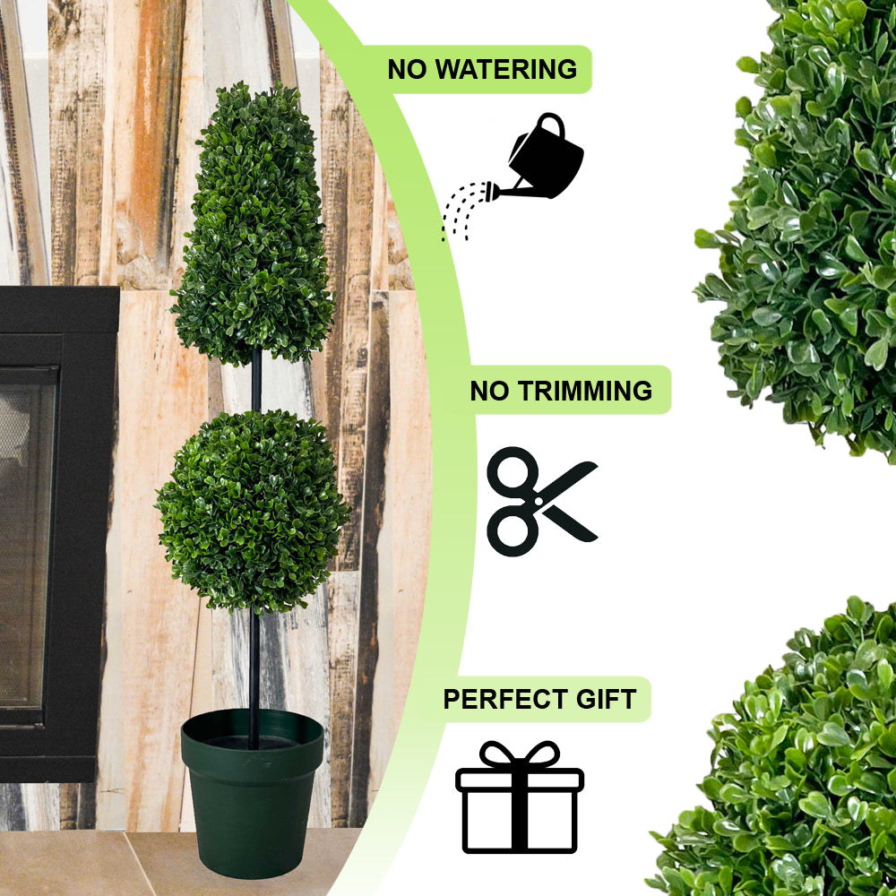 38" Artificial Boxwood Leave Double Ball Shaped Topiary Plant Tree in Plastic Pot ABNT005B-NTRL