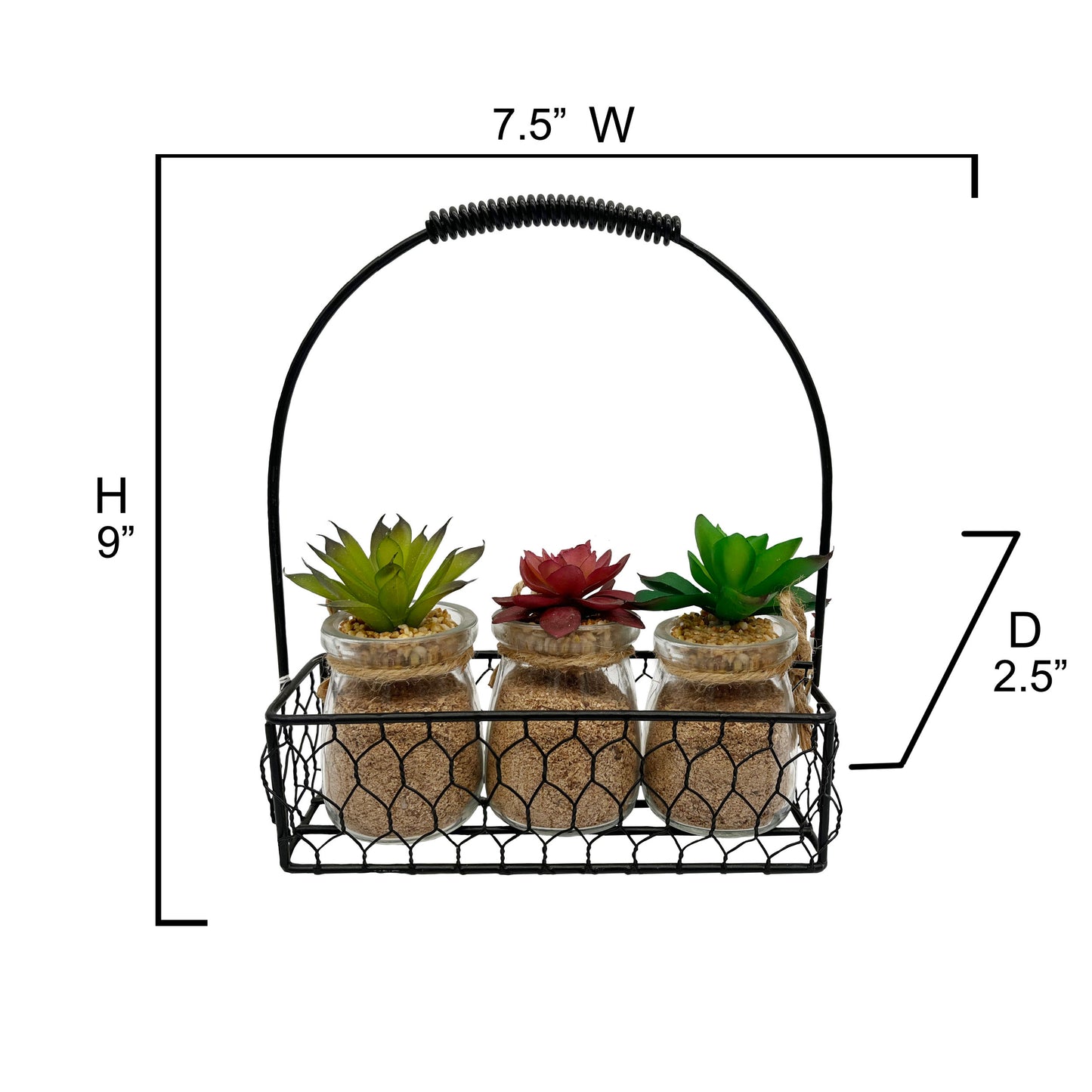 3pcs Succulents in Glass Jar W/Metal Basket Indoor Spring Summer Faux Plant