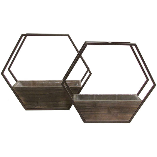 ABN5E067-BR Kaeden Hexagon and Metal Framing Wall Hanging 2-Piece Wood Planter Box Set