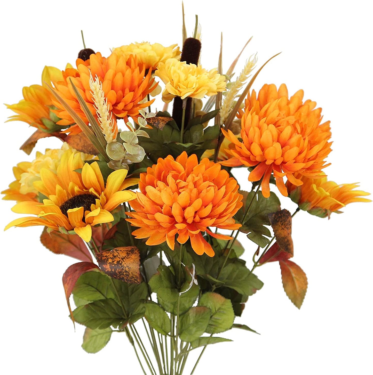 18 Stems Artificial Mums Sunflowers Zinna Silk Flowers Bush Foliage