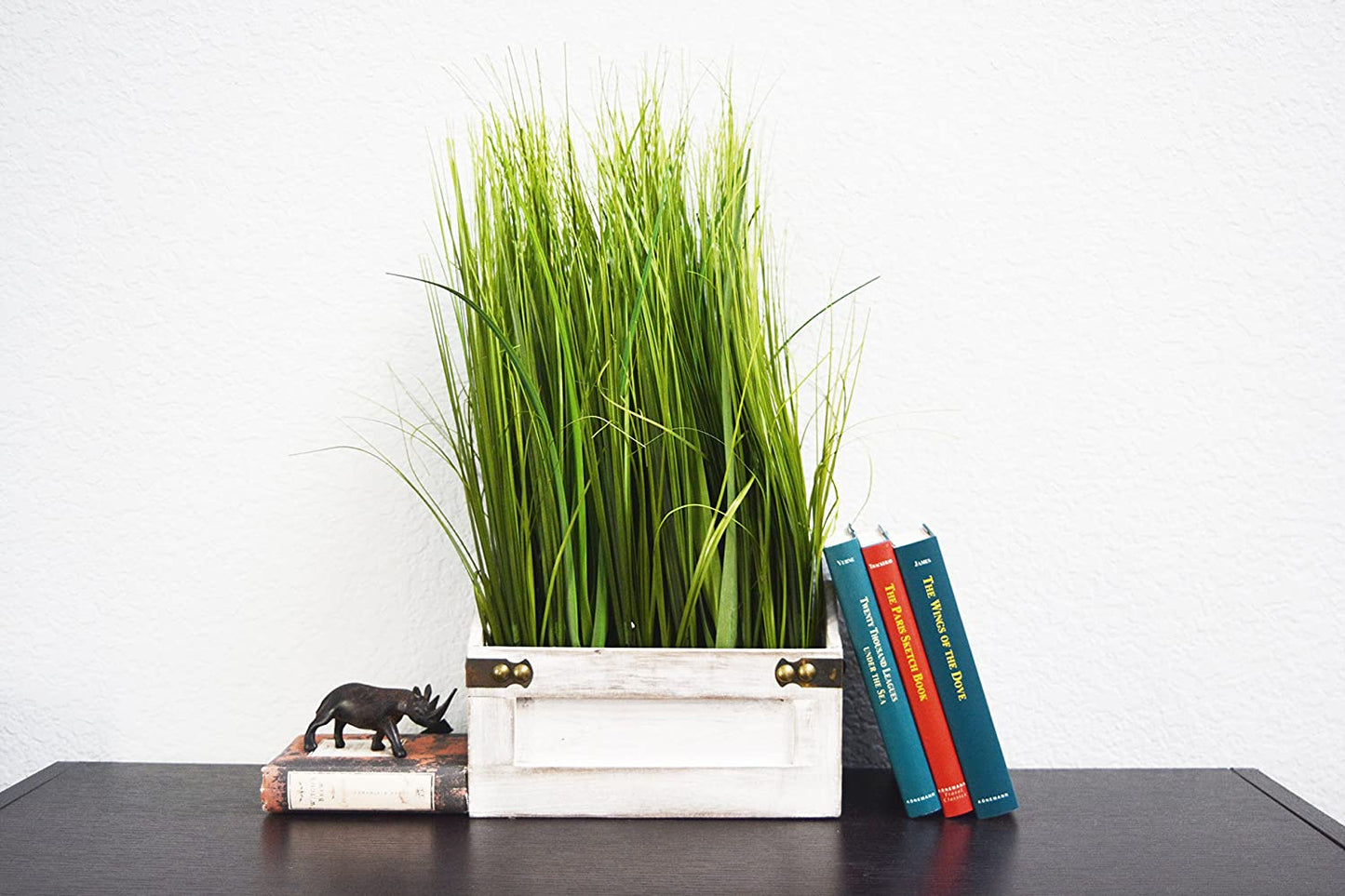 GG7656-GREEN 19" Artificial Desktop Potted Grass with Wooden Planter