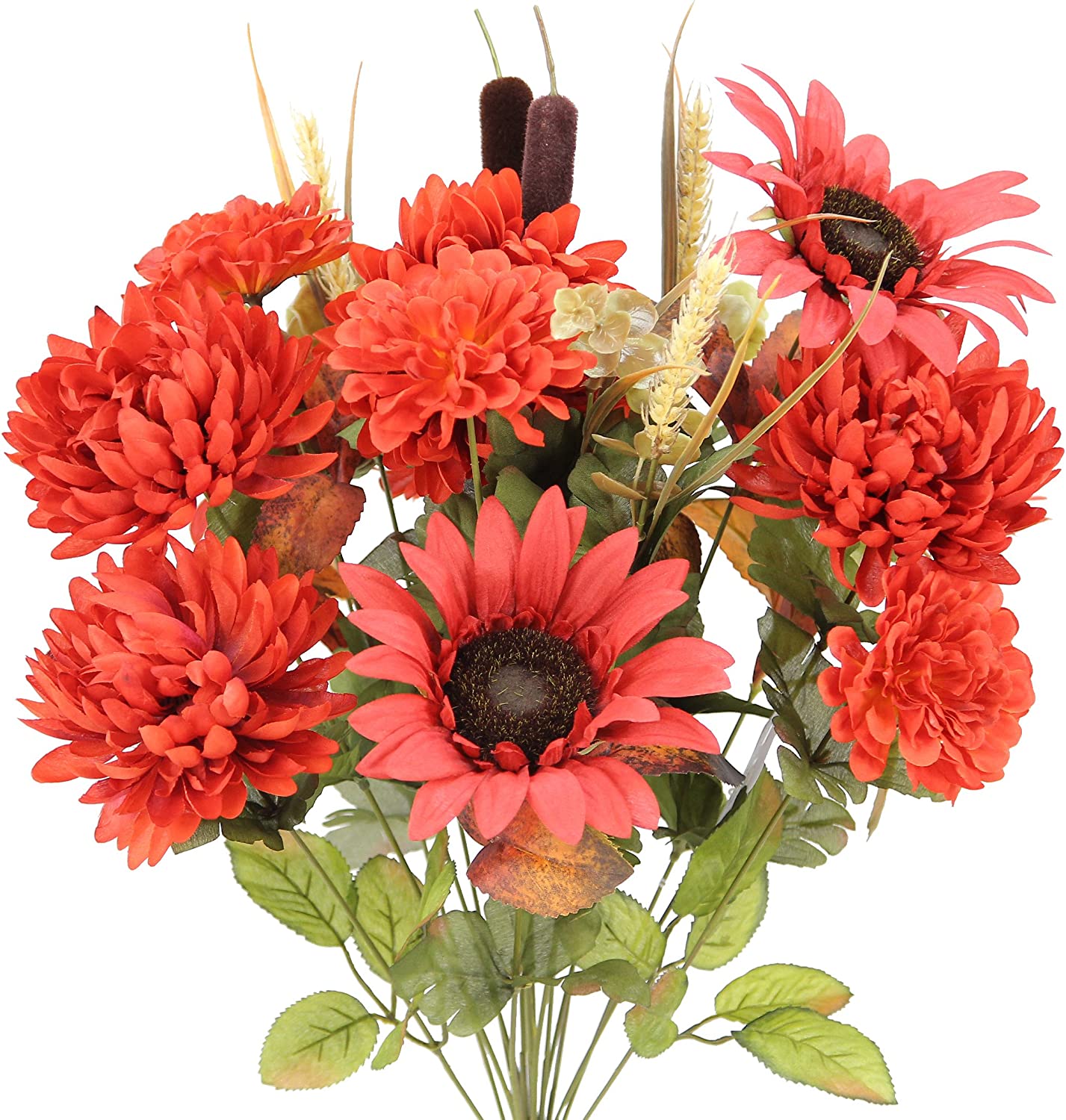 18 Stems Artificial Mums Sunflowers Zinna Silk Flowers Bush Foliage