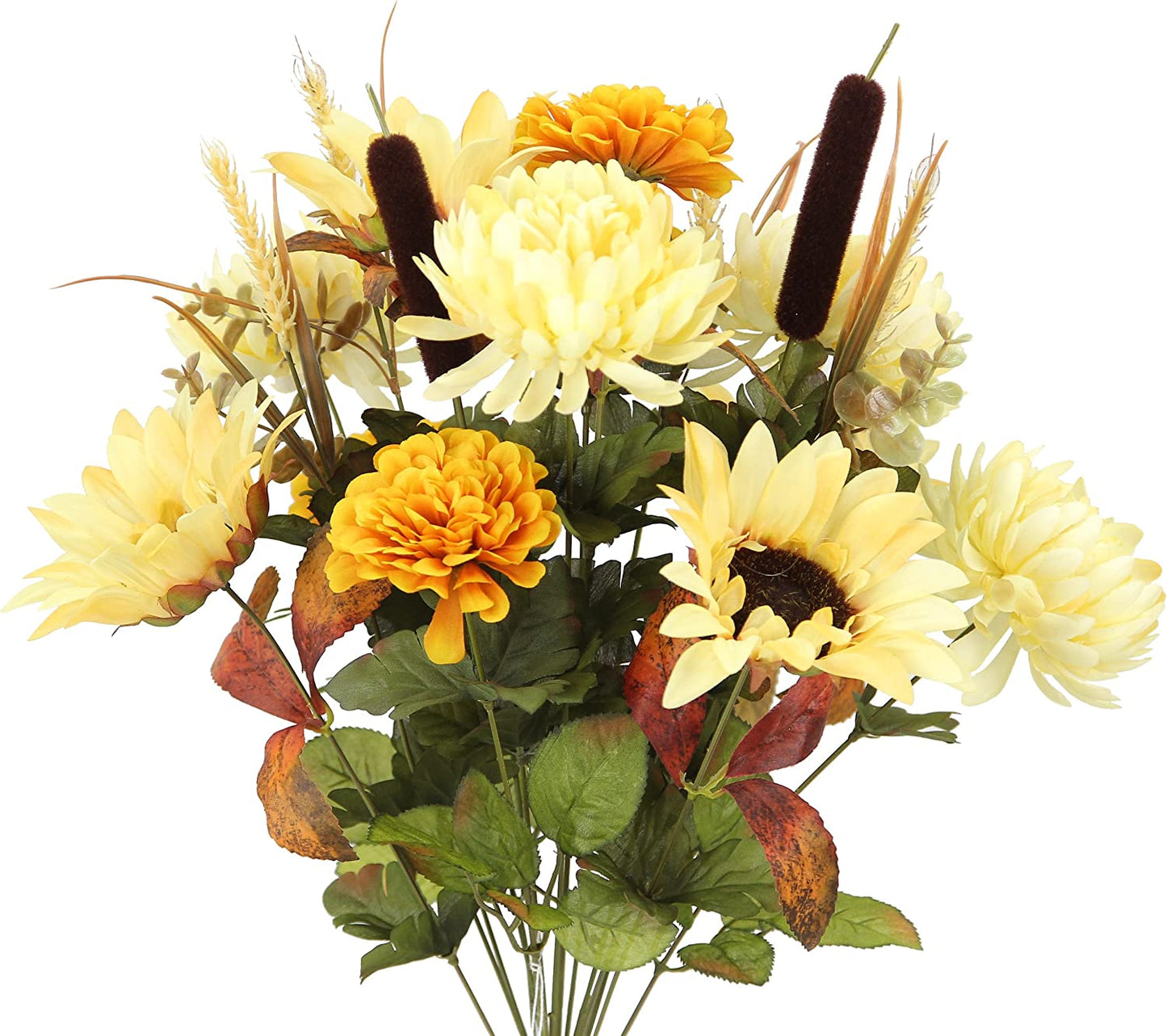 18 Stems Artificial Mums Sunflowers Zinna Silk Flowers Bush Foliage