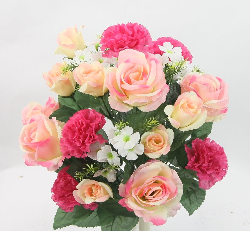 ABN1B018-Artificial Spring Flower Bush 24 Stem Rose/ Carnation Mixed Bush