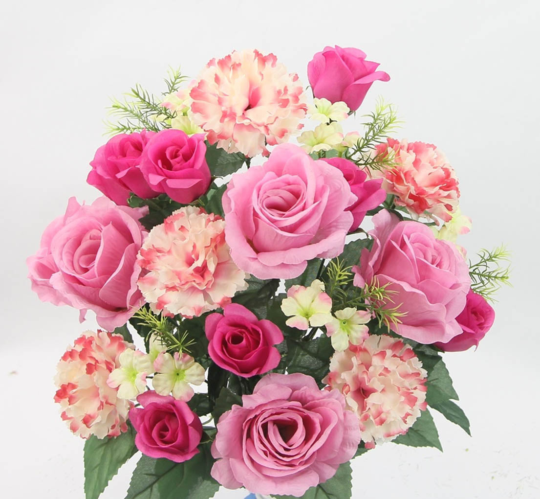 ABN1B018-Artificial Spring Flower Bush 24 Stem Rose/ Carnation Mixed Bush