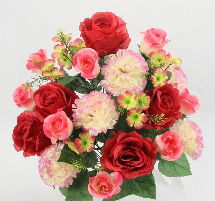 ABN1B018-Artificial Spring Flower Bush 24 Stem Rose/ Carnation Mixed Bush
