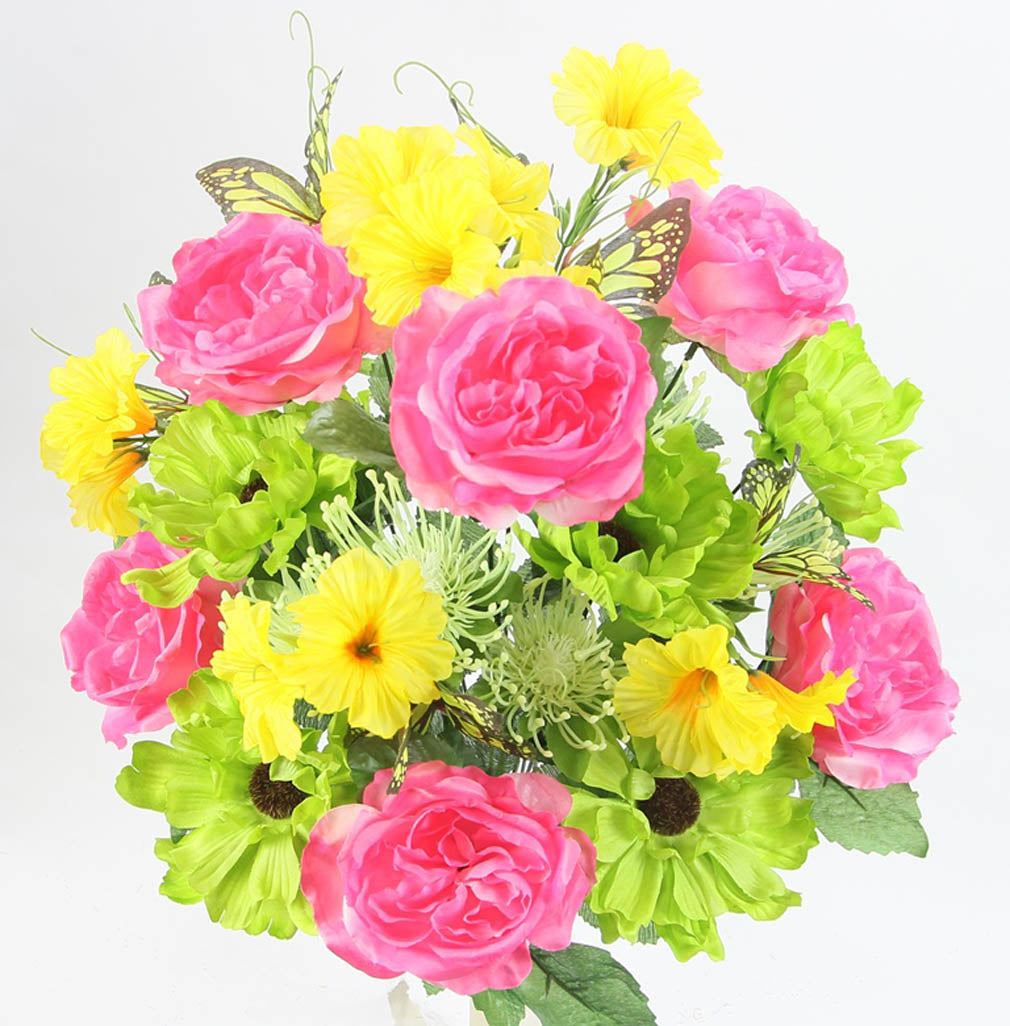 ABN1B019- Artificial Spring Flower Bush 24 Stem Open Rose/ Cosmos Daisy Mix Bush,