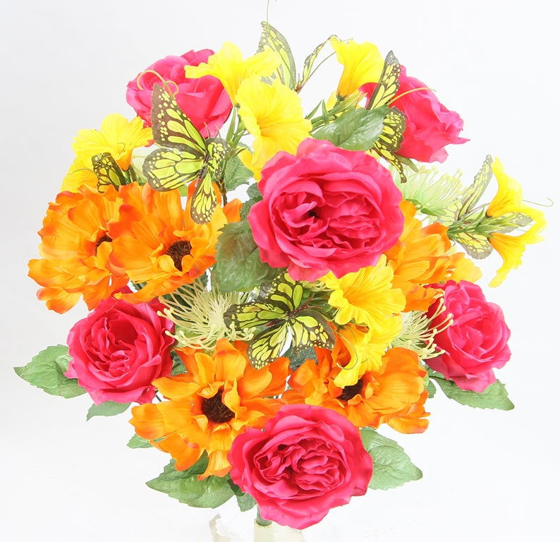 ABN1B019- Artificial Spring Flower Bush 24 Stem Open Rose/ Cosmos Daisy Mix Bush,