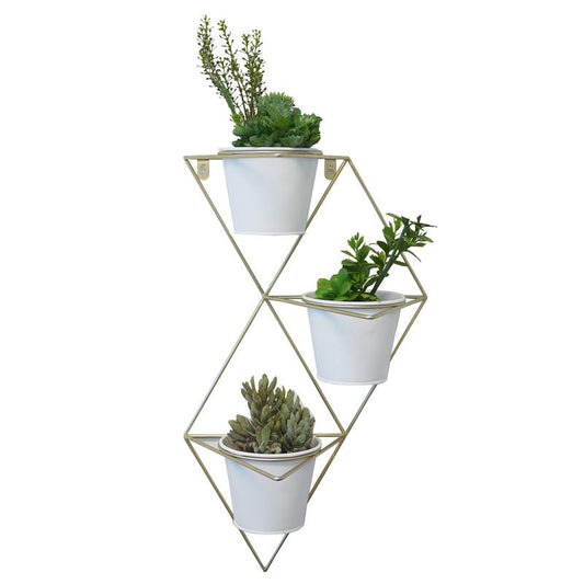 ABN5E132-GD White Hanging Planter Vase and Geometric Wall Décor Container Large Brass