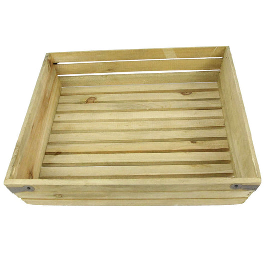 ABN5E020-NTRL Natural Wood Large Shallow Square Crate with Metal Corner Design
