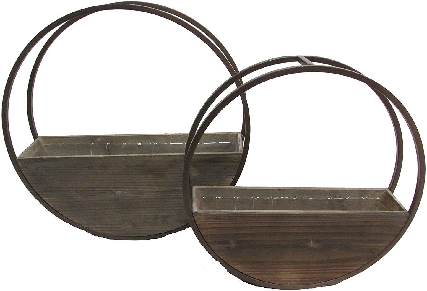 Set of 2 Round Wood Flower Planter Pots w Metal framing Wall Hanging Planters