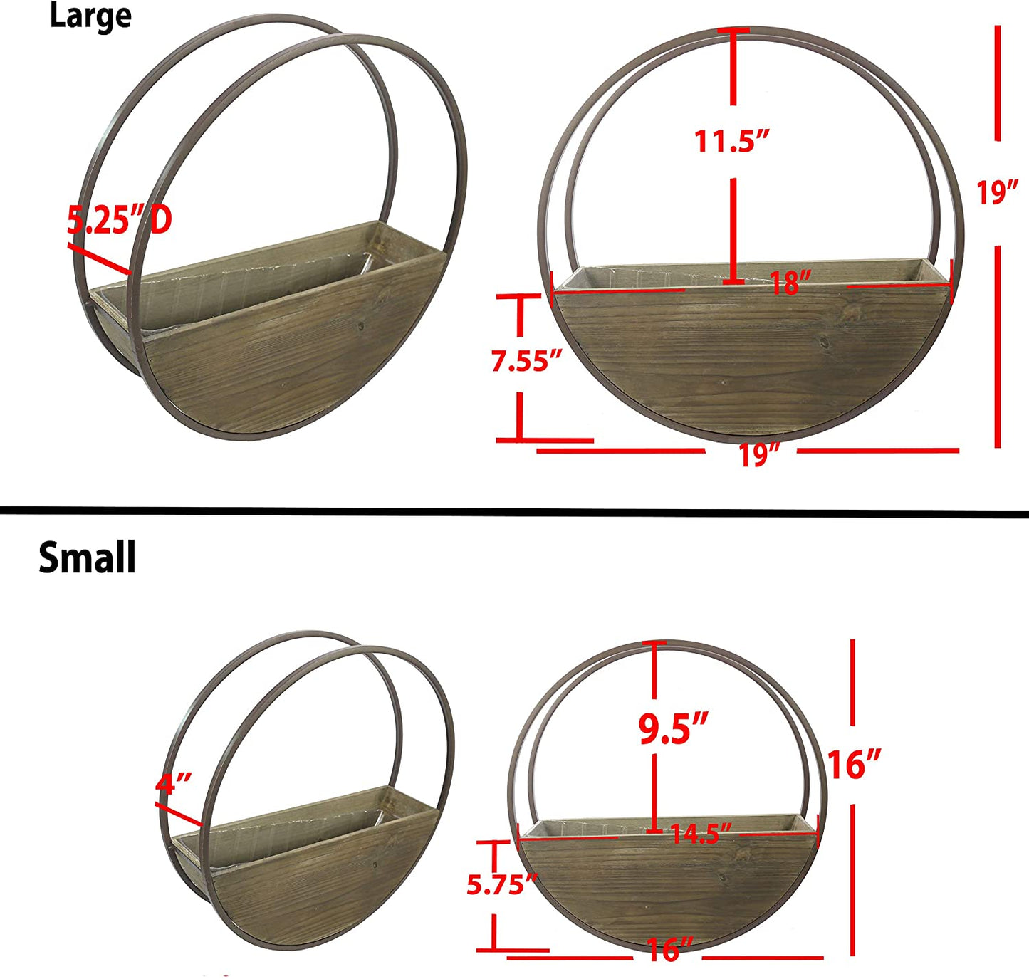 Set of 2 Round Wood Flower Planter Pots w Metal framing Wall Hanging Planters