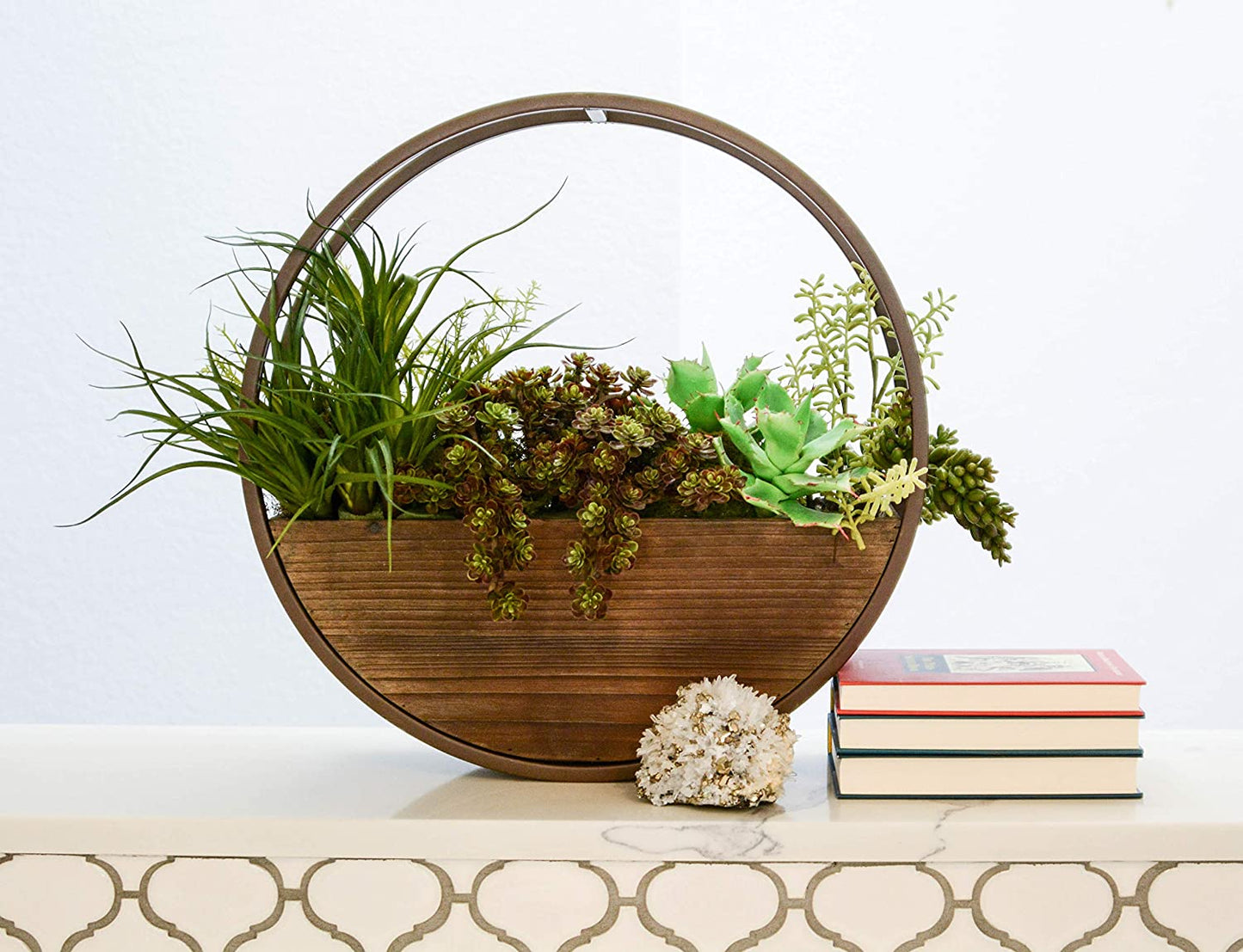 Set of 2 Round Wood Flower Planter Pots w Metal framing Wall Hanging Planters