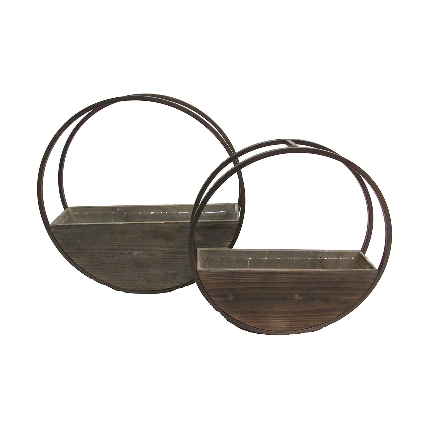 Set of 2 Round Wood Flower Planter Pots w Metal framing Wall Hanging Planters