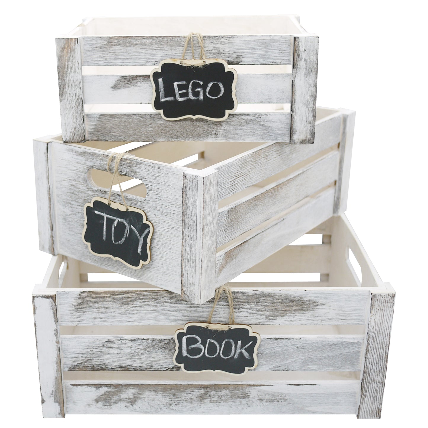 Set of 3 Rustic White Wooden Storage Crates - Farmhouse Style Decorative Baskets for Home Décor