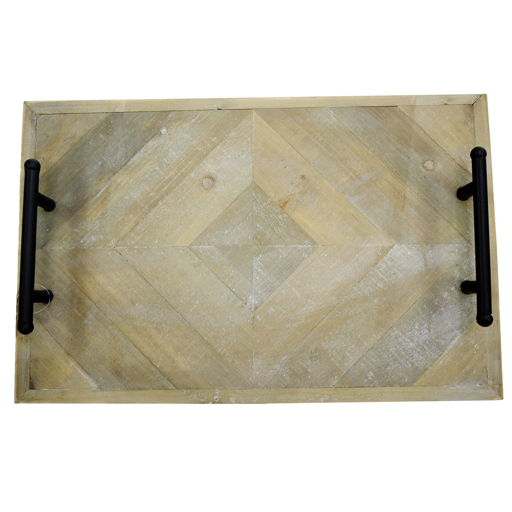 20 inch Wooden Serving Tray with Metal Handles, Home Décor Tray