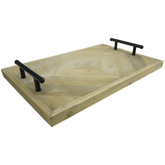 20 inch Wooden Serving Tray with Metal Handles, Home Décor Tray