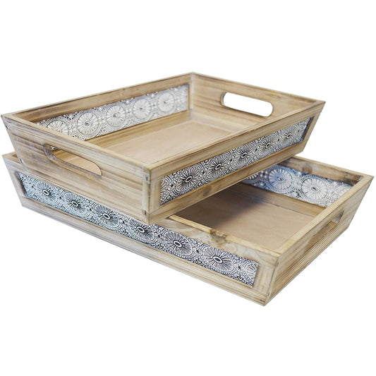 ABN5E130-NTRL Decorative Nesting Lace Rim 2 Piece Ottoman Tray Set
