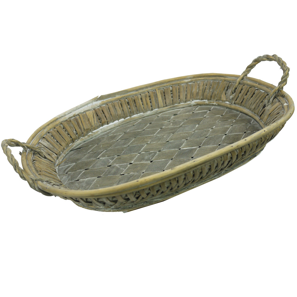 ABN5E144-GY Wooden Boat Shape Tray w/Wood Handles Gray Wash