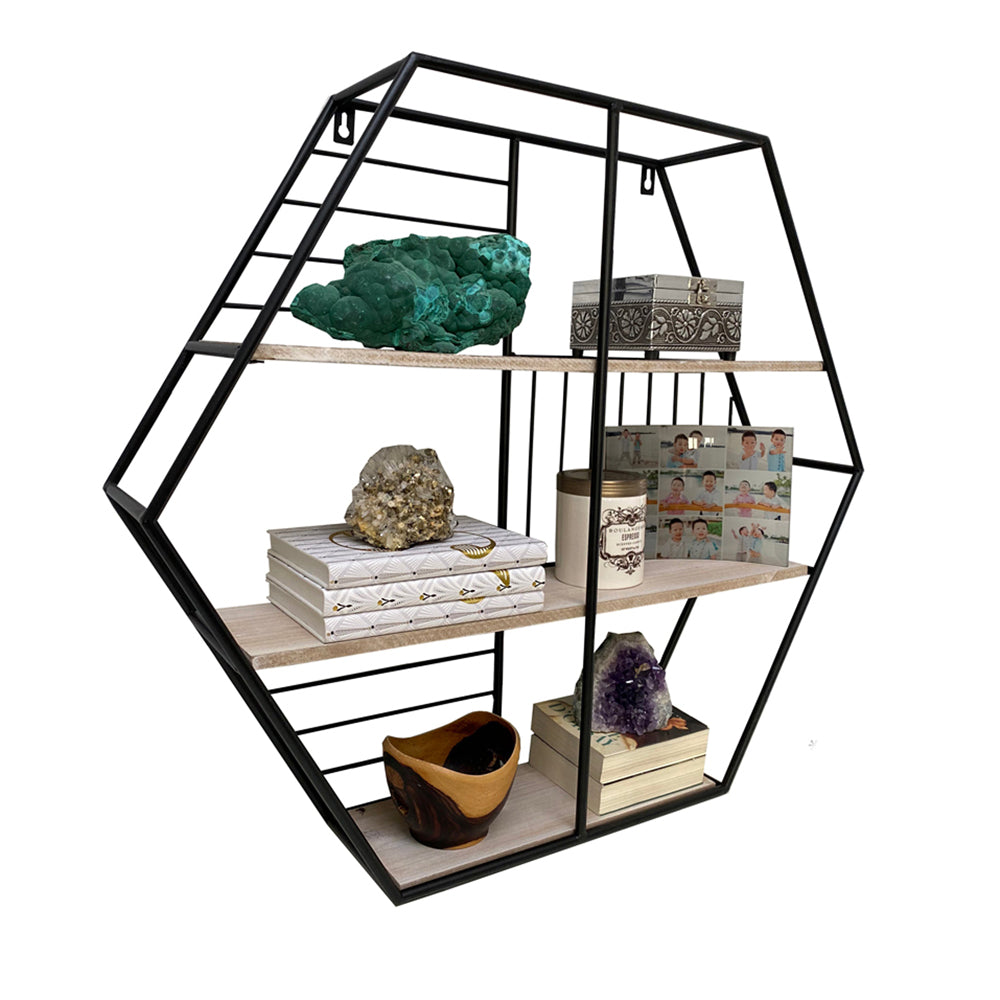 ABN5E163-NTRL Modern White Oak Wood Hexagon Floating ShelvesBlack,