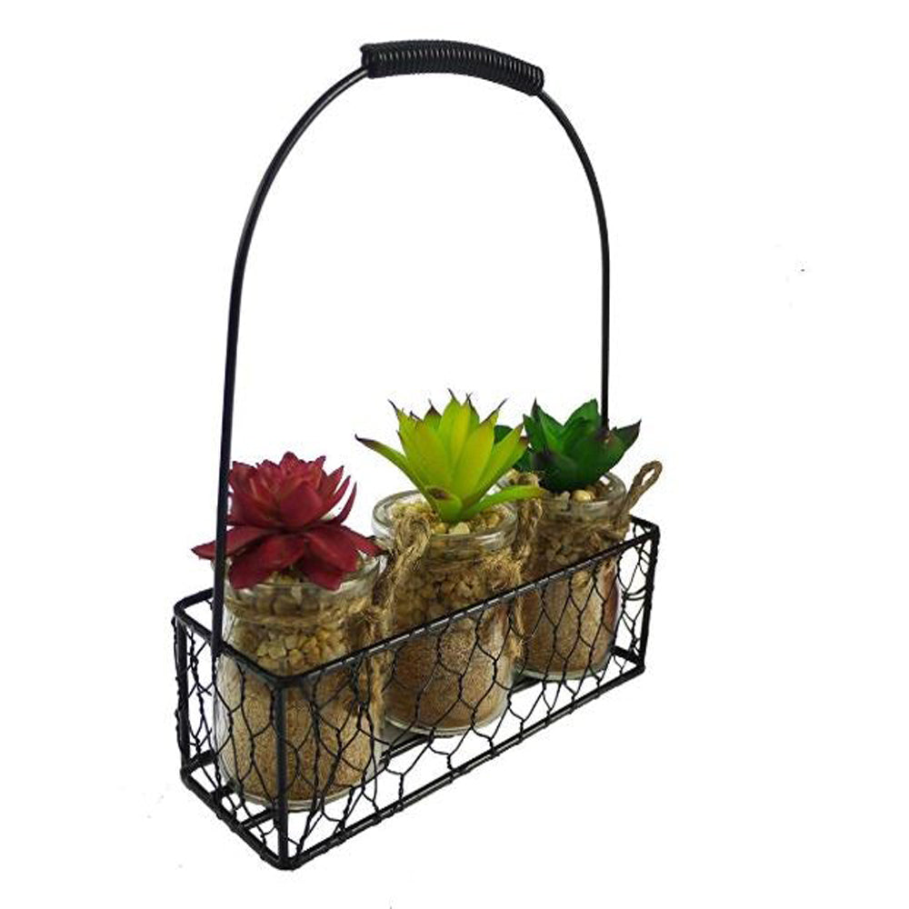 3pcs Succulents in Glass Jar W/Metal Basket Indoor Spring Summer Faux Plant