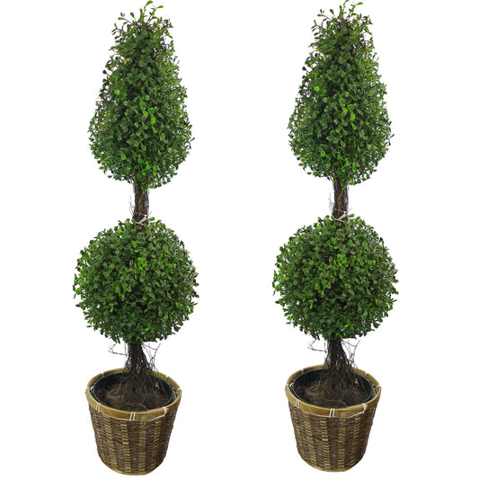 Artificial Boxwood Leave Double Ball Shaped Topiary Plant Tree in Basket,  ABNT001B-NTRL
