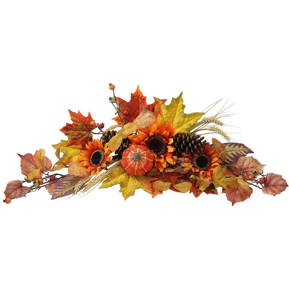 GFW6007-NATURAL Artificial Sunflowers/Pumpkins/Pine Cone/Maple Leaves/Wheat Festive Harvest Display Swag30"Autumn