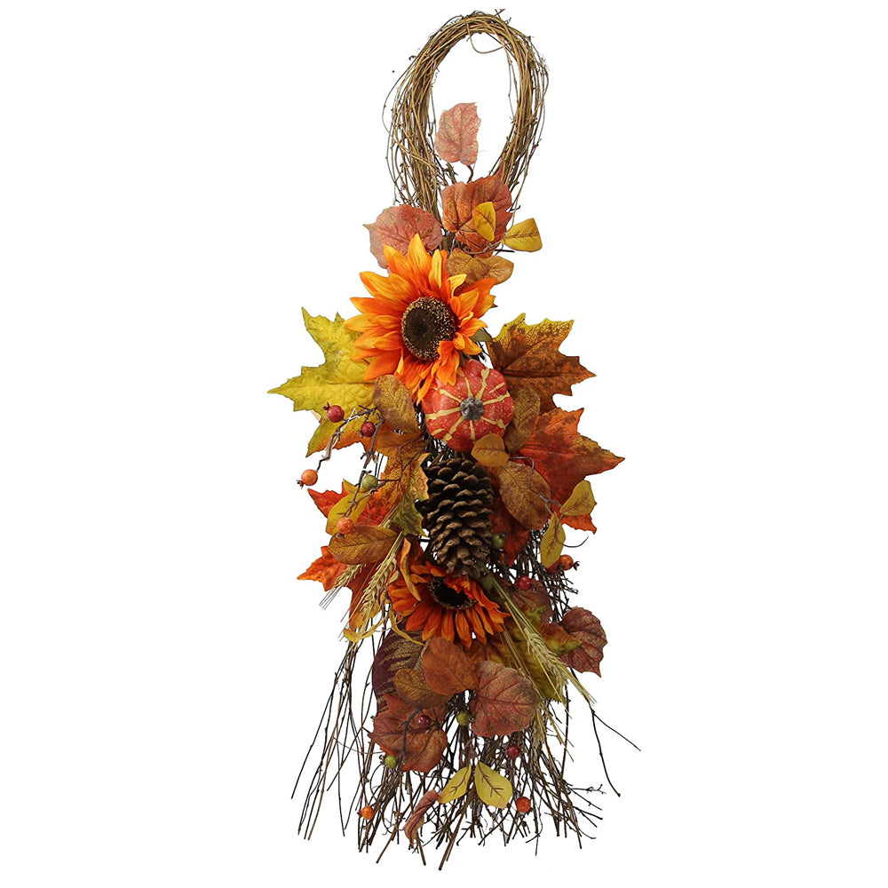 GFW6008-NATURAL Artificial Sunflowers/Pumpkins/Pine Cone/Maple Leaves/Wheat Festive Harvest Display Teardrop36"Autumn
