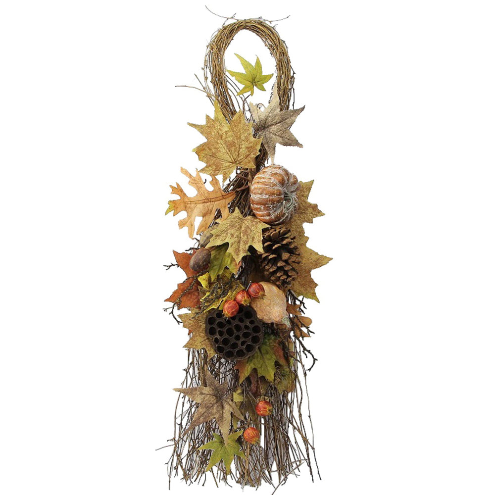 GFW6012-NATURAL Artificial Lotus Pod/Pumpkins/Pine Cone/Maple Leaves/Berries Fall Festive Harvest Display Teardrop 35"Autumn