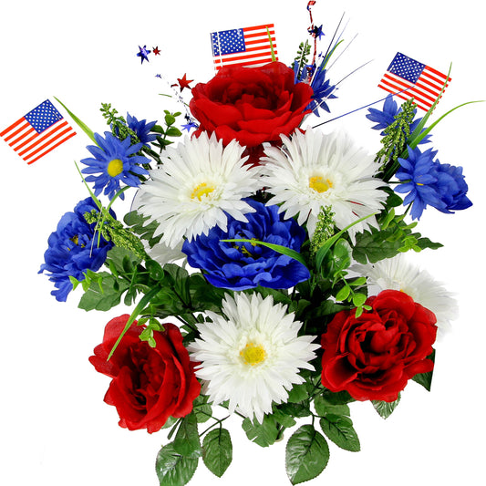 18 Stems Artificial Flower Patriotic Memorial Bouquet Peony Gerbera Daisy