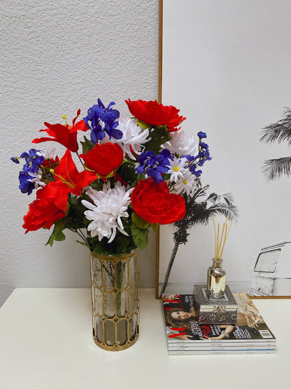 24 Stems Artificial Flower Peony Lily Mum Patriotic  Bouquet