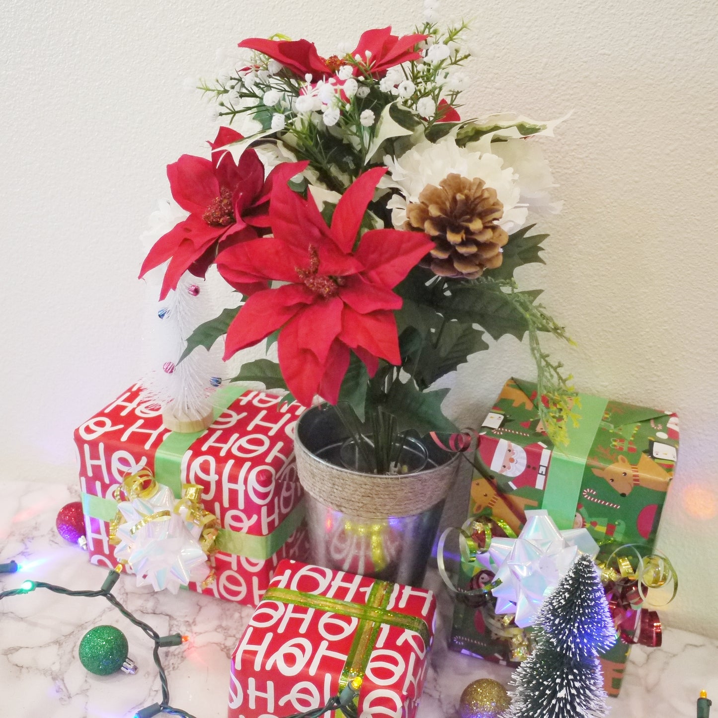 14 Stems Artificial Poinsettia Bouquet Fake Christmas Flowers